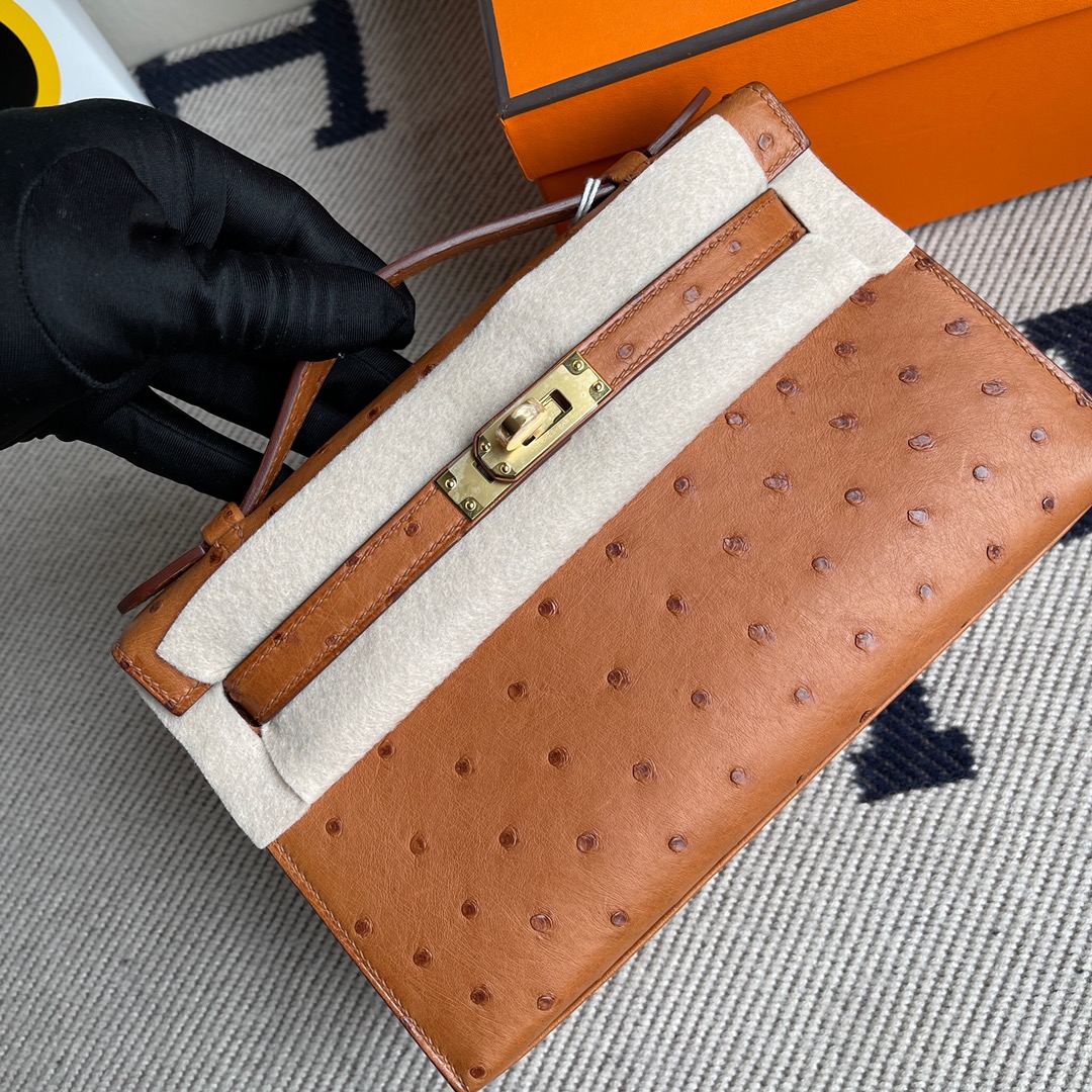 에르메스 미니 켈리백22 골드브라운 금장 타조가죽